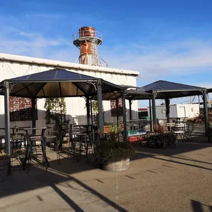 patio area with tables and umbrellas