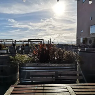 a view of a rooftop patio
