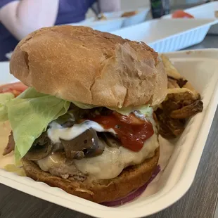 Turkey burger with mushrooms and bacon