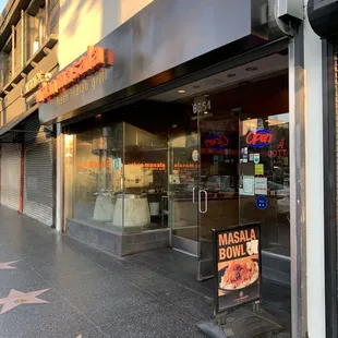 the entrance to a restaurant
