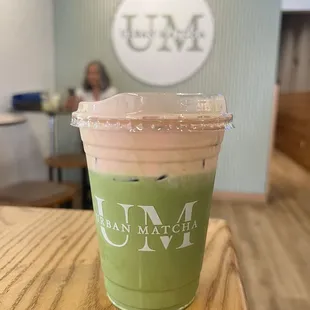 Matcha latte with strawberry cheese cap