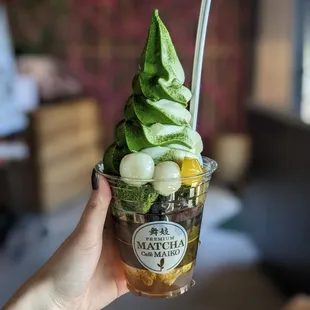 Parfait with mochi, red bean, agar, matcha chiffon cake, and a chestnut.