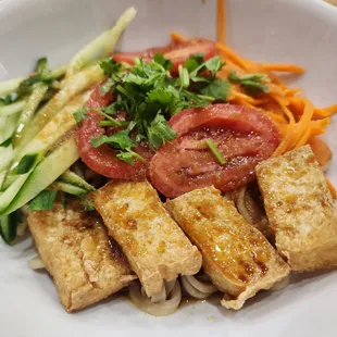 Spicy cold noodles, substituted the beef for tofu.  Broth is a bit salty, but good.