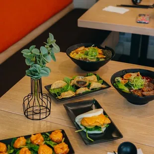 a table with a variety of food items