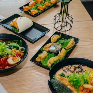 a variety of dishes on a table