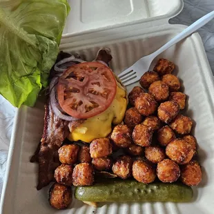 Bacon Cheese Burger with Sweet Potato Tots
