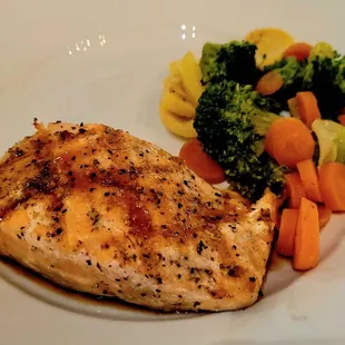 Cedar plank salmon with mixed veggies