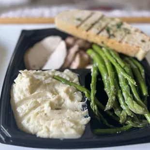 Grilled Cage Free Chicken with Asparagus and Mashed Organic Potatoes W. Gravy