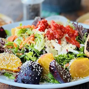 URBAN PLATES, Aliso Viejo, CA! LOCAL MIXED BEET Salad: Tons of Beets, arugula, roasted tomatoes, carrot, jicama, walnuts, hemp seeds=$12.95