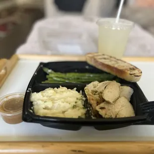 Grilled Cage Free Chicken with Mashed Organic Potatoes W. Gravy and Asparagus