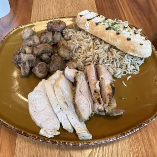 Grilled chicken w Roasted Mushrooms W. Garlic Parmesan Butter, Basmati Rice Pilaf &amp; Slice Grilled Rustic Bread