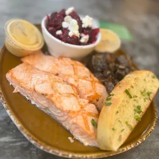 Grilled Sustainable Salmon (new) Cremini &amp; Oyster Mushrooms W. Garlic Parmesan Butter Beet Salad (with Goat Cheese) - Large