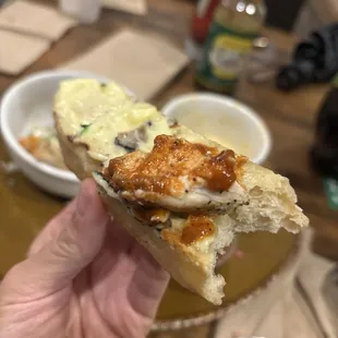 Bread topped with roasted chicken