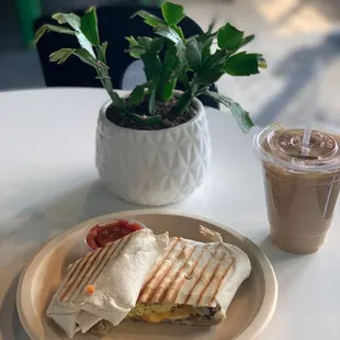 Potato &amp; egg burrito (add sausage) with iced coffee