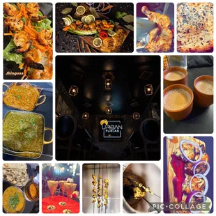 Veg, non-veg, tandoori chicken, tandoori shrimp, onion Kulcha, saag, palak paneer, butter chicken, chai. Dine in or get catering :)