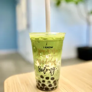 Matcha toffee w/ crème brûlée pudding &amp; honey boba
