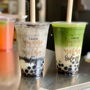 Black sesame with boba and matcha toffee with boba