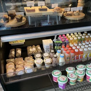 a display of various foods and drinks