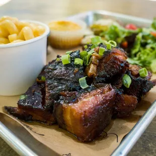 Pork belly burnt ends meal with Mac n cheese and cornbread
