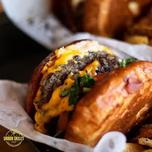 a cheeseburger and french fries