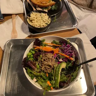 Soba salad and chicken avo sandwich