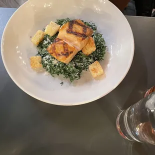 Incredibly bland salmon, with incredibly bland kale