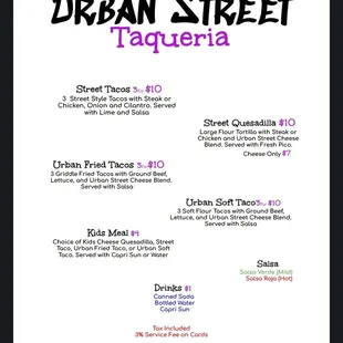 menu for urban street taqueria