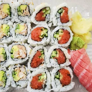 California roll with real crab, spicy tuna roll and one otoro nigiri