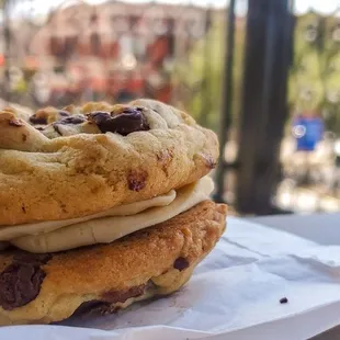 a stack of chocolate chip cookies