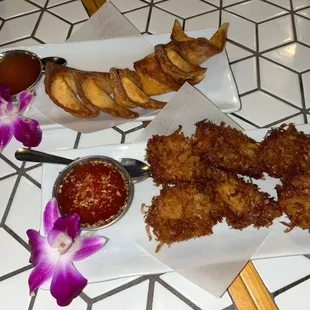 Cheesy Wontons (good but needed more oomph, toddlers would prob enjoy) &amp; Coconut Shrimp (this was good!!)