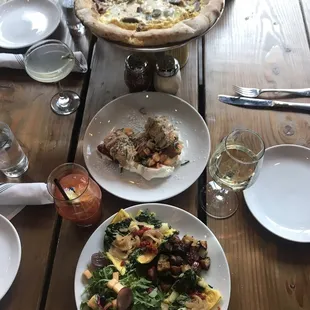 Brunch - breakfast pizza, maple biscuit, and spinach frittata