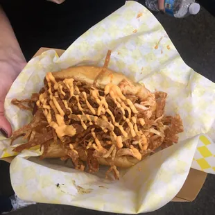 Asian Loaded Dog: kimchi slaw &amp; fried wontons