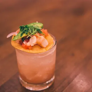 Born in East LA cocktail with ceviche tostada on top