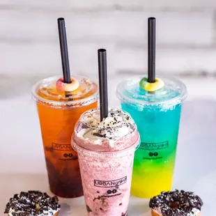 a variety of drinks and donuts