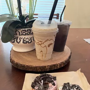 Wiregrass shake, blueberry refresher, Oreo doughnut with strawberry icing, Oreo doughnut with vanilla icing