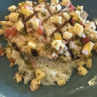 Swordfish coconut almond rice and mango