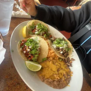 Street Tacos, rice, and beans plate - with Asada &amp; Adobada $16.99
