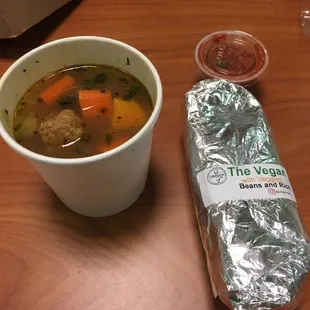 Vegan Burrito and vegetable soup