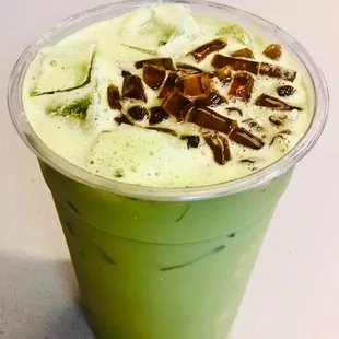 Iced matcha with oat milk and brown sugar jelly.