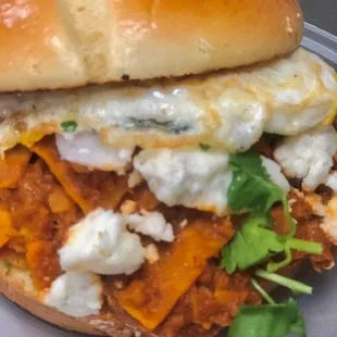 Chilaquile sandwich with egg.