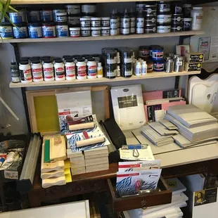 Printmaking section. Linoleum for block printing. Inks. Screen printing supplies.