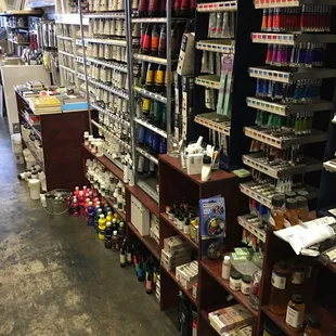 All sorts of paint. Acrylic, watercolor, Oil paint.