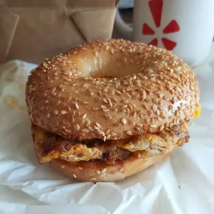 Chorizo, egg, and cheese Sesame Bagel sandwich