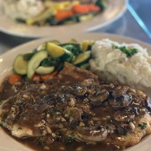 Chicken Marsala with Mashed Potatoes and Sautéed Mixed Veggies