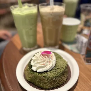 Green tea tiramisu, avocado smoothie, Spanish granita, green tea boba