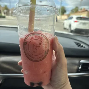 Strawberry slushy with honey cooked boba. Fresh fruit puree and frozen strawberries. Boba was chewy and fresh.
