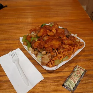 Chowmein, lemon chicken, kungpao chicken and broccoli beef