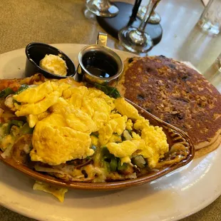Half and Half &amp; Half* Protein Pancakes and Freshly Diced Veggie Skillet