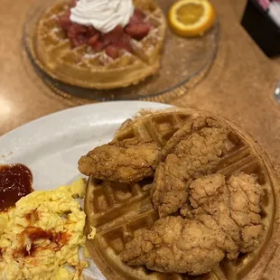 Chicken &amp; waffles with scramble eggs. Waffles with strawberries