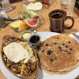 Half and half protein pancake and ham sausage mushroom skillet - 12/2022